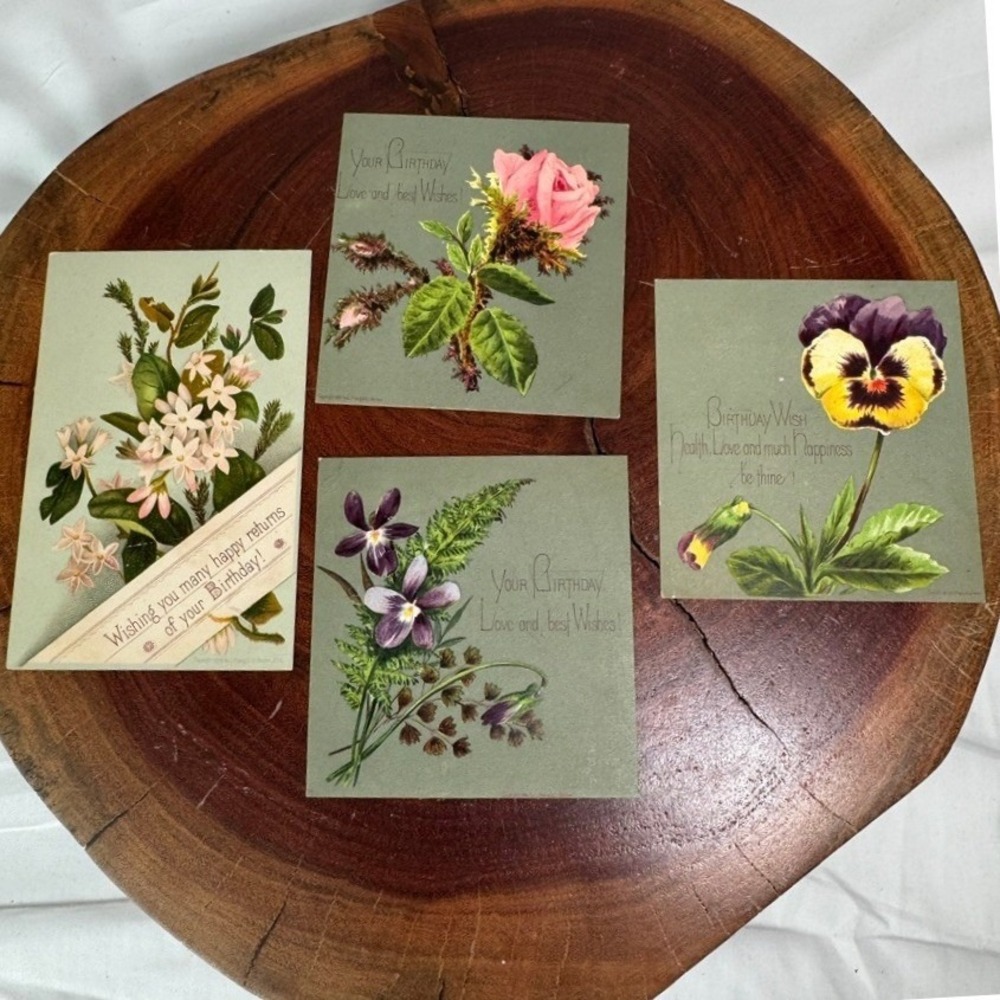 Antique Ephemera L Prang Co Victorian Floral Birthday Cards Violets Rose 1881